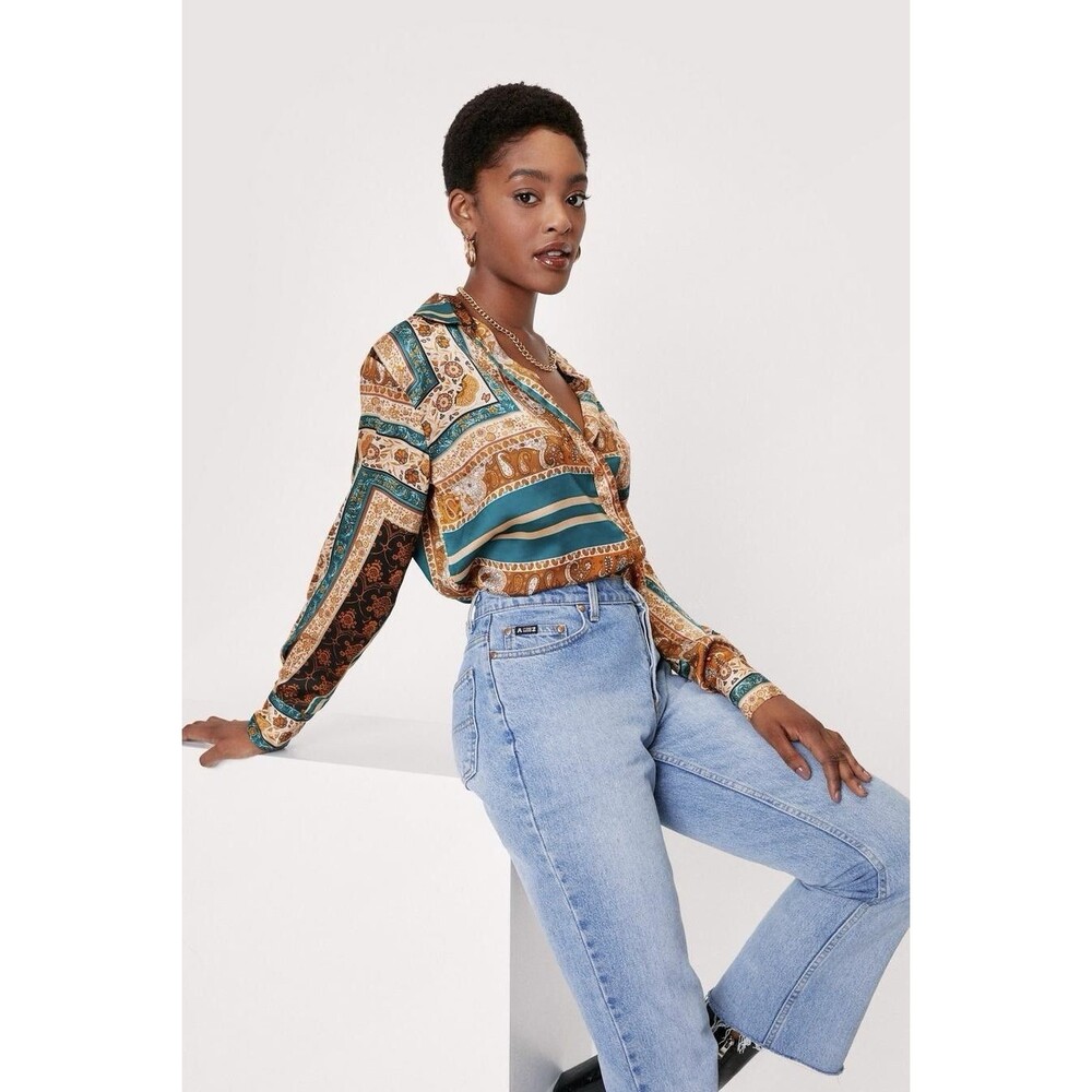 Nasty Gal Multicolor Paisley Satin Button-Up Blouse - Teal, Gold, Brown